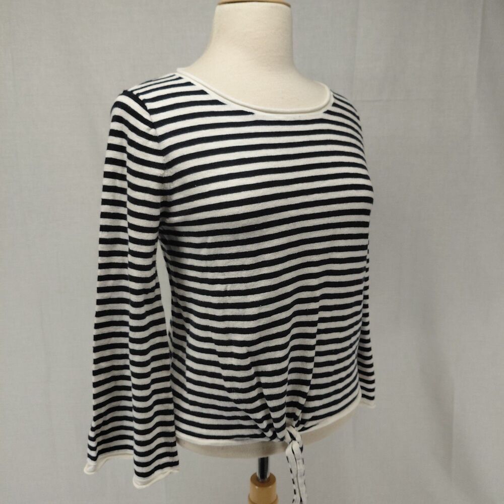 J.Crew white/navy stripe tie front LS cotton sweater with rolled hems Size M